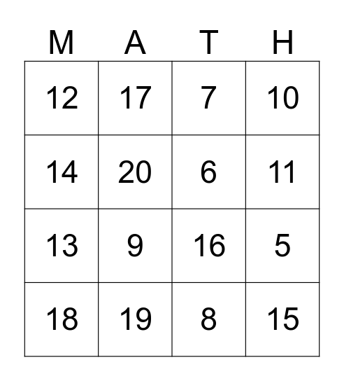 Math O  Addition Bingo Card