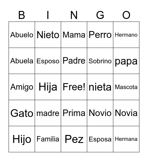 Fam Word Bingo Card