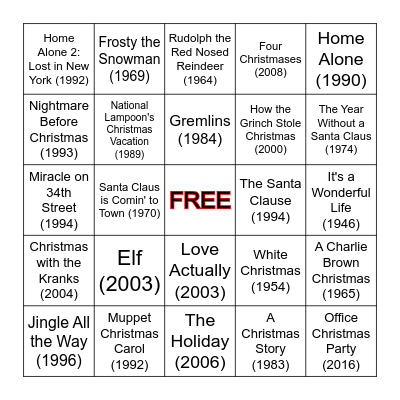 CHRISTMAS MOVIE BINGO Card
