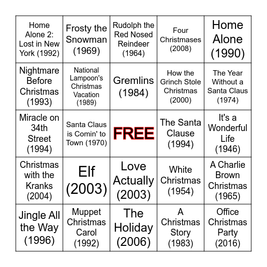 CHRISTMAS MOVIE BINGO Card