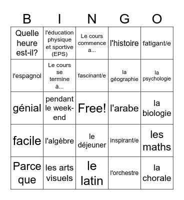 Unité 2- Les Matières Bingo Card