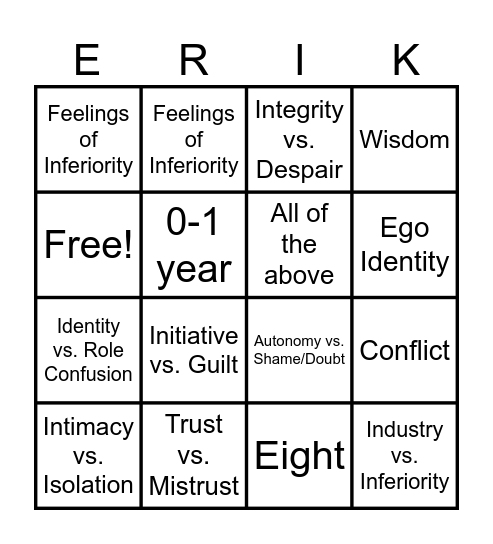 Erikson's Theory of Psychosocial Development Bingo Card