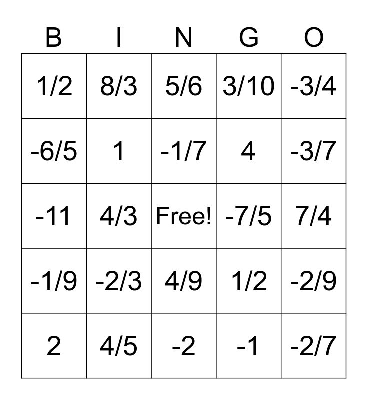 Slope Bingo Card