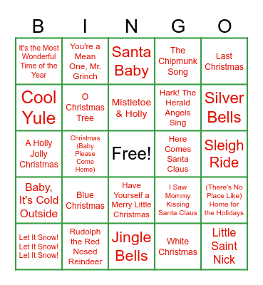 Holiday Song Bingo Card