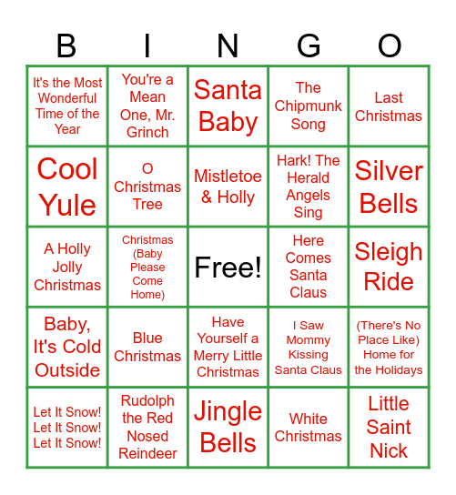 Holiday Song Bingo Card
