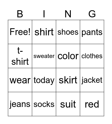 Clothing bingo Card
