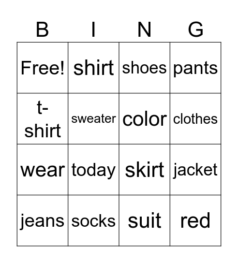 Clothing bingo Card