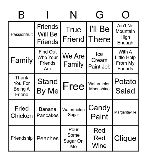 Food Songs Bingo Card