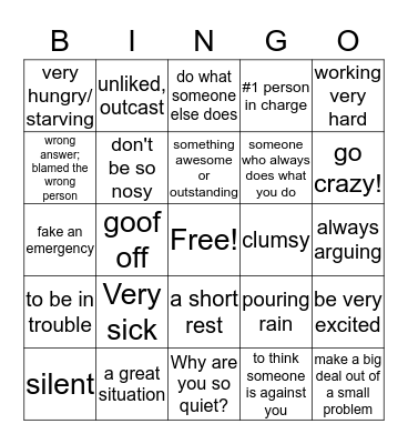 Idioms Bingo Card