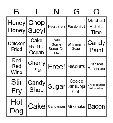 Food Songs Bingo Card