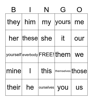 Pronoun Bingo Card