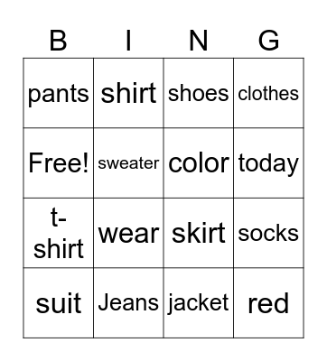 Clothes Bingo Card