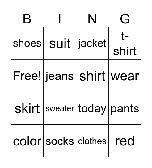 clothes Bingo Card