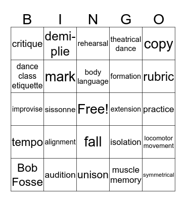 Dance Vocab. 1 Bingo Card