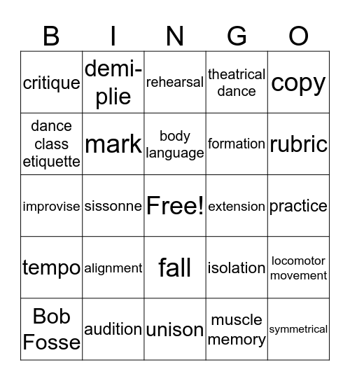 Dance Vocab. 1 Bingo Card