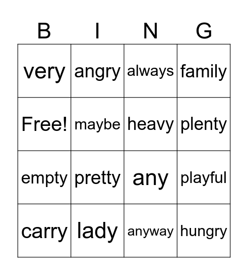 Lesson 11 Y as a vowel Bingo Card
