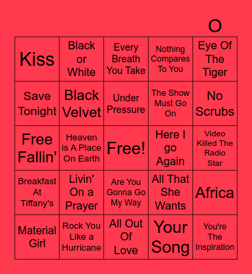 80's & 90's Top Hits Bingo Card