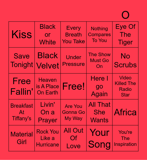 80's & 90's Top Hits Bingo Card