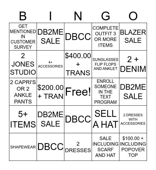 Dressbarn Bingo Card