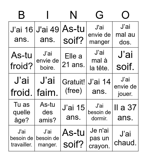 Expressions avec AVOIR Bingo Card