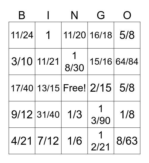 Fraction bingo Card