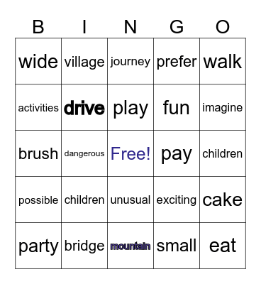 Parts of Speece Bingo Card