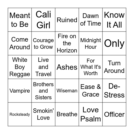 Reggae Mix Bingo Card