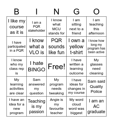 Program Quality Assurance Bingo Card