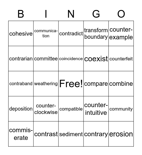 Co-, Com-, Contra- Counter Review Bingo Card