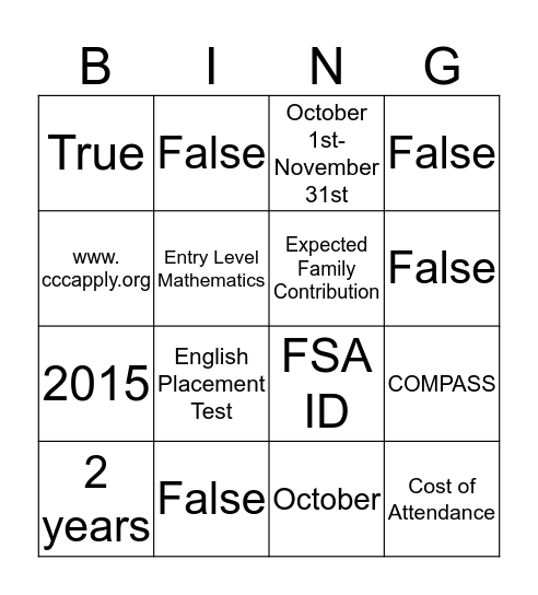 College BINGO Card