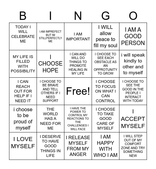 Positive Affirmation Bingo Card