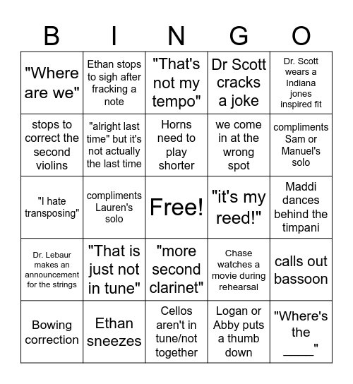 Orchestra Bingo Card