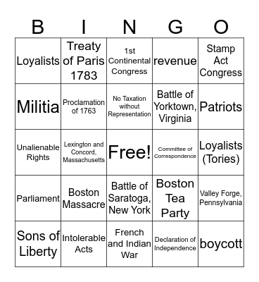 American Revolution  Bingo Card