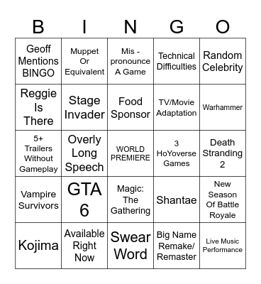 Game Awards 2023 Bingo Card