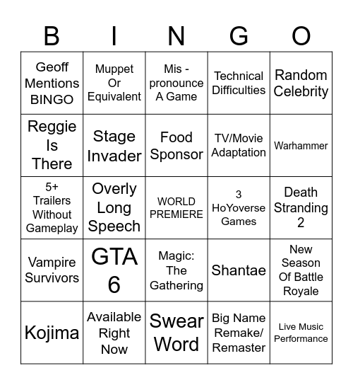 Game Awards 2023 Bingo Card