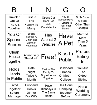 MARRIAGE BINGO Card