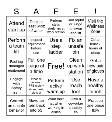 Safety Bingo Card
