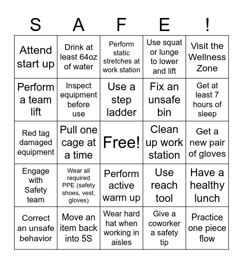 Safety Bingo Card