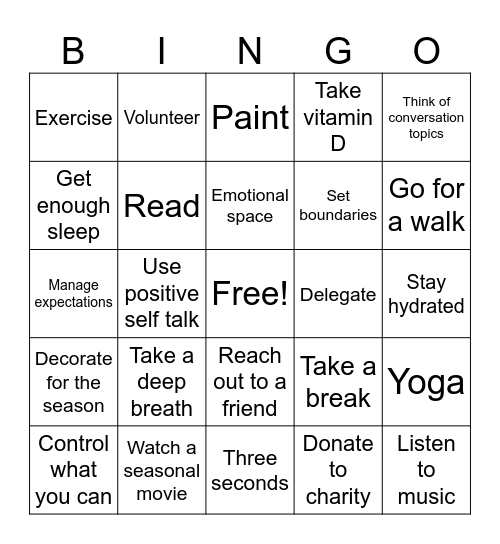 Manage your mental health during the holidays Bingo Card