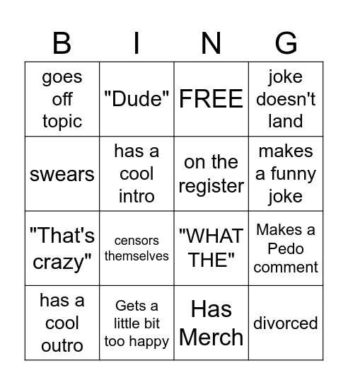 Reaction Bingo Card