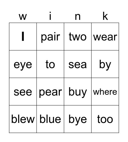 homophones Bingo Card