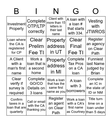 Purchase Title Coordinator Bingo Card