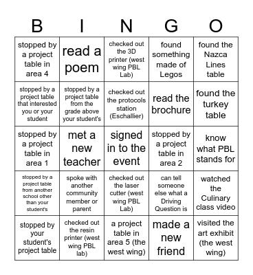 PBL Celebration of Learning 2023 Bingo Card