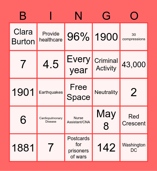 RED CROSS BINGO Card