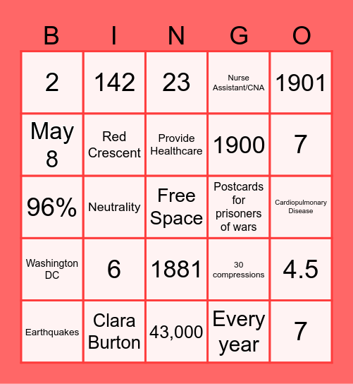 RED CROSS BINGO Card