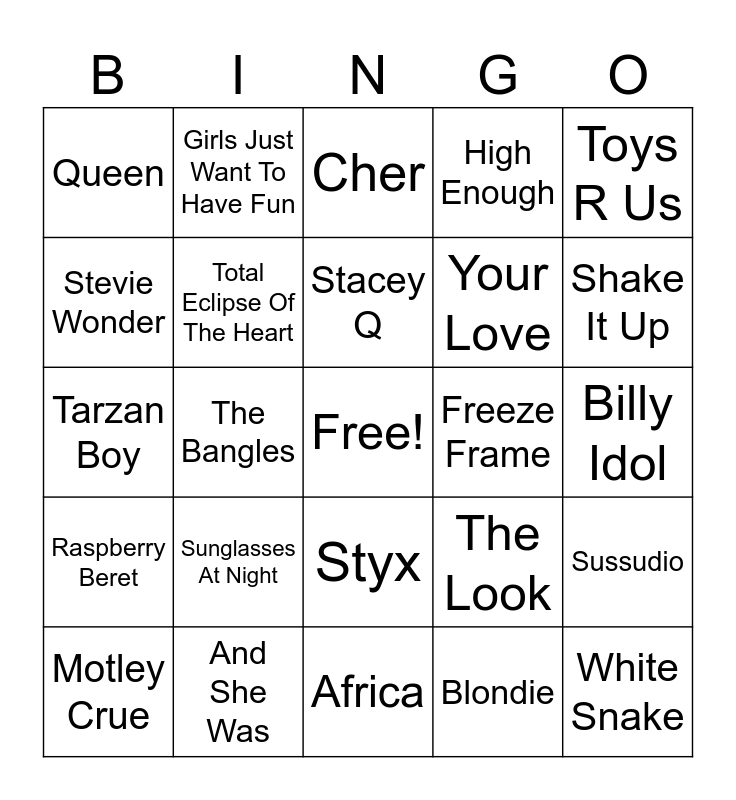 80's Video Bingo Card