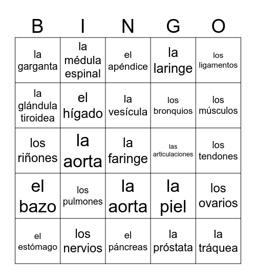 Internal Organs Bingo Card