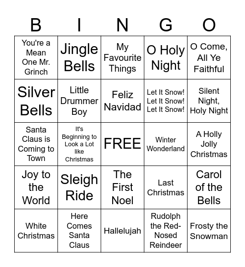 Holiday Musical Bingo Card