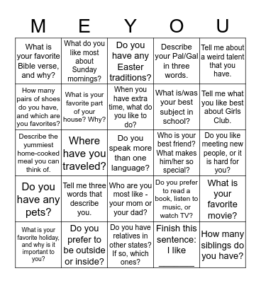Getting to Know my Pal/Gal Bingo Card