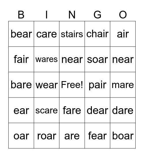 Phonics Bingo: -are  -air  -oar -ear Bingo Card